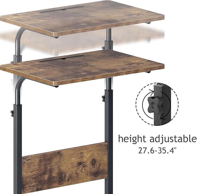 DlandHome Rolling Desk Mobile Standing Desk Mobile Side Table 23.6 Inches w/Wheels Adjustable Movable Portable Laptop Computer Stand for Bed Sofa,Retro,DUS-05-3-60FG