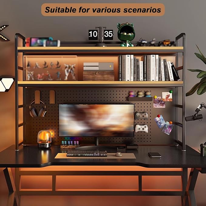 2-Tier Desktop Bookshelf Hutch - Metal Desk Shelf Bookcase with Desk Pegboard Countertop Storage Organizer Rack for Dorm or Office (B, 70cm/27.5in)