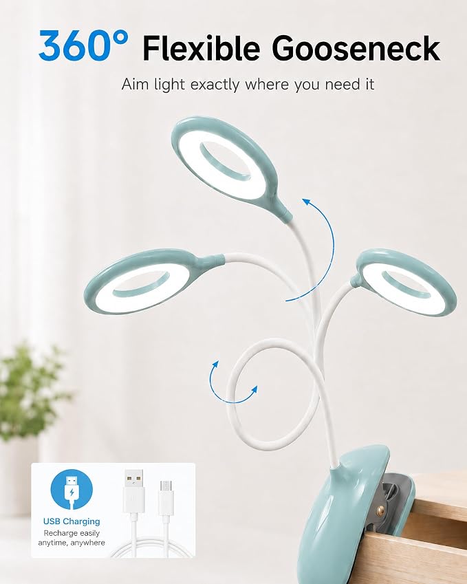 Clip On Reading Light for Bed Headboard, USB Rechargeable Cordless Clamp Lamp for Dorm Room Essentials, Touch Dim, 3 Colors, Eye Protect LED Desk Lamp for College Dorm Room, Gooseneck,Green