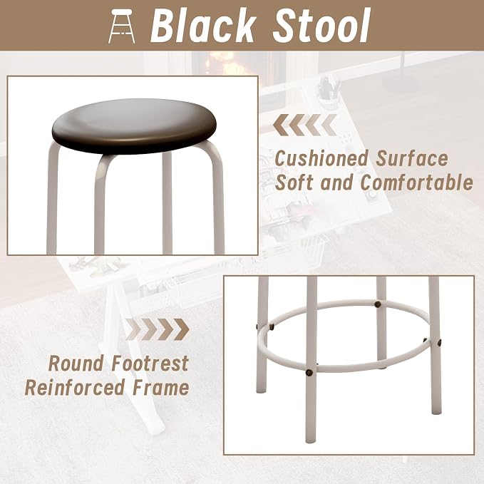 Hand Crank Adjustable Drafting Table with Tempered Glass Top, Height Adjustable Art Drawing Desk with Metal Drawers, Slide-Up Pencil Ledge & Stool, Drafting Desk for Home Studio Office