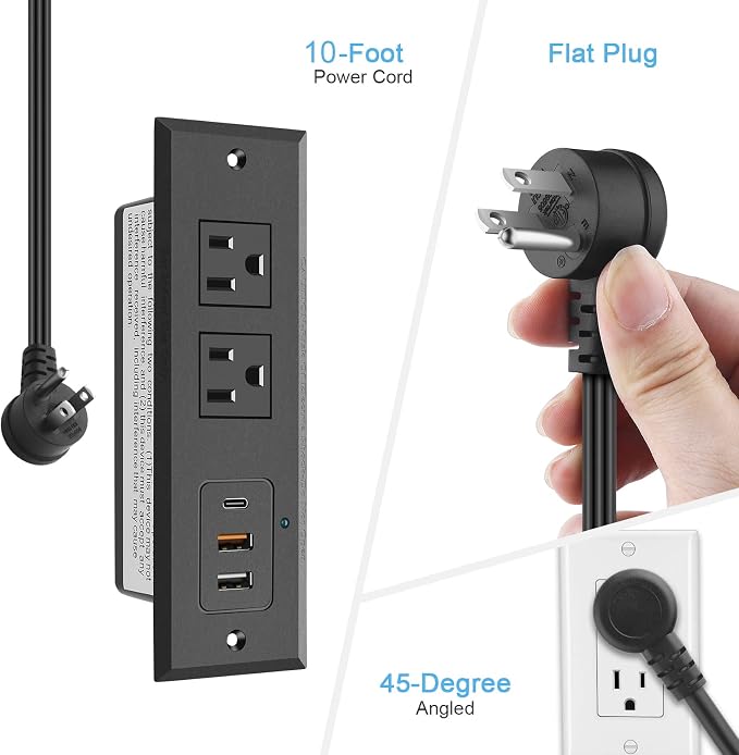 CCCEI Recessed Power Strip with 20W USB C Port, Fast Charging USB A Port Desk Outlet, Furniture Hidden Charging Station for Side Table, End Table, with 10 FT 45 Degree Flat Plug Extension Cord.
