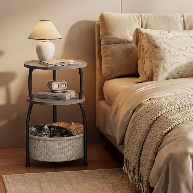 Small Side Table with Storage, 15.75in Round End Table with Basket, USB Port and Outlet, 3 Tiers Sofa Couch Table Bedside Table for Living Room Bedroom, Small Spaces, Greuge