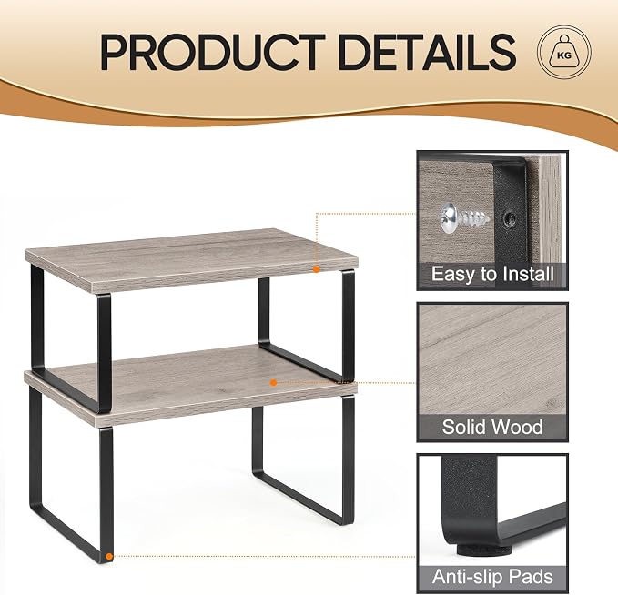 NEX Kitchen Cabinet and Counter Shelf Organizer, Shelf Riser for Pantry Countertop Cupboard Desk Top, Stackable & Expandable, Set of 4, Black and Greige