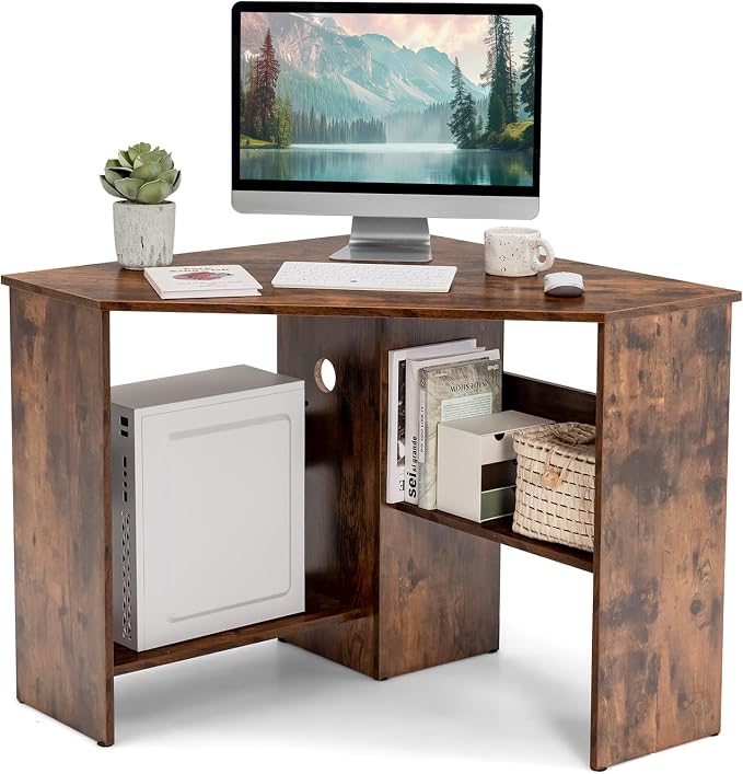 LDAILY Moccha Corner Desk, Space-Saving Triangle Computer Desk with Storage Shelves and Cable Holes, Multi-Functional Makeup Vanity Table for Bedroom, Writing Desk for Small Spaces Office Bedroom