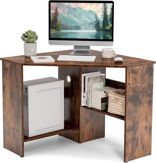 LDAILY Moccha Corner Desk, Space-Saving Triangle Computer Desk with Storage Shelves and Cable Holes, Multi-Functional Makeup Vanity Table for Bedroom, Writing Desk for Small Spaces Office Bedroom