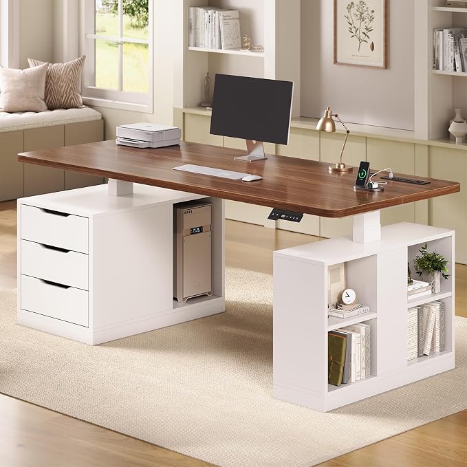 SEDETA Modern Electric Standing Desk, 63" Height Adjustable Computer Desk with 3 Drawers, Storage Shelves, Power Outlets, Wood Home Office Stand up Desk for Work, Study, Writing, White + Brown