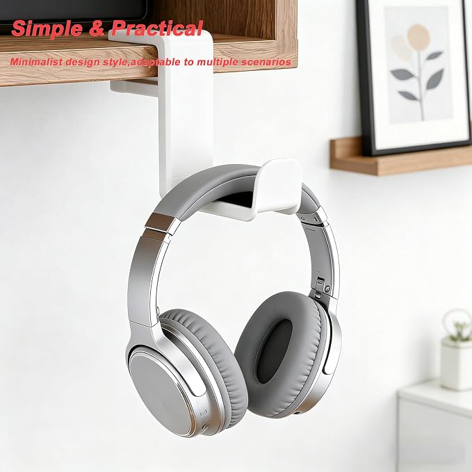 Universal Headphone Stand & Headset Holder - 360° Swivel Under Desk Headphone Hook with Cable Management Clip (White)