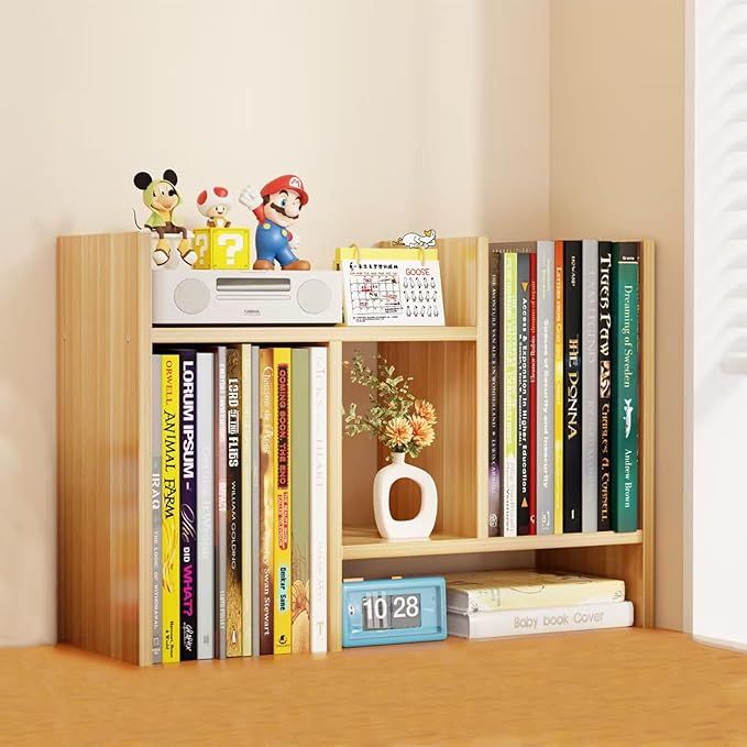Desktop Shelf Organizer, Adjustable Wood Office Storage Rack, Counter Display Small Bookshelf for Home/Office/School(Light Walnut)