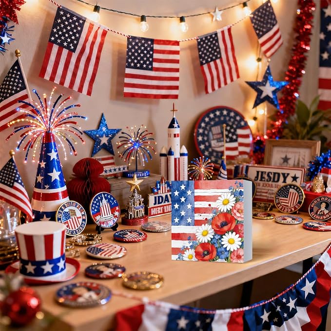 Patriotic Wooden Box Sign,Stars And Stripes Floral 4th Of July Signs Home Decor,Independence Memorial Day Block Sign for Desk Shelf Tabletop Decor