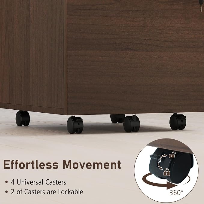 Giantex 3-Drawer File Cabinet with Lock, 27-Inches Storage Cabinet with 2 Side Hooks, Mobile Printer Stand, Wheels, 4 Keys, Vertical Filing Organizer fits Letter/A4 Size for Home Office (Brown)