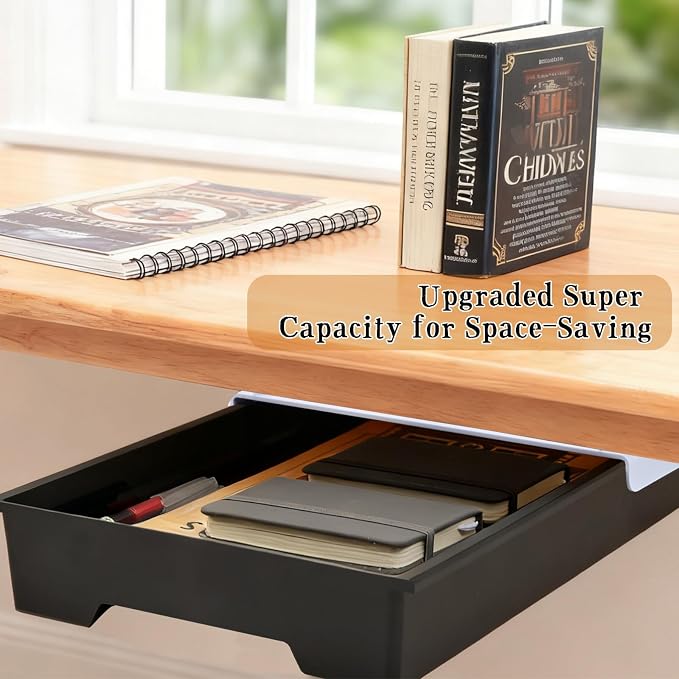 Under Desk Drawer Organizer, Self Adhesive Hidden Drawer Storage, Slide Out Desk Organizer, Space Saving Pencil & Accessories Organizer, Under Table Storage for Home Office & School, Black