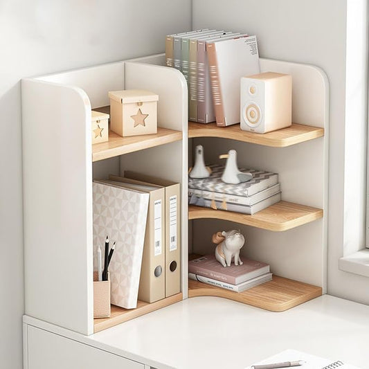3-tier Corner Desktop Organizer Shelf, Wooden Desktop Bookshelf with Drawers, Multifunctional Desk Hutch Dorm, Desk Display Rack, Cube Storage Organizer Bookcase(White+Wood A-l,23.6x19.6x19.6'')