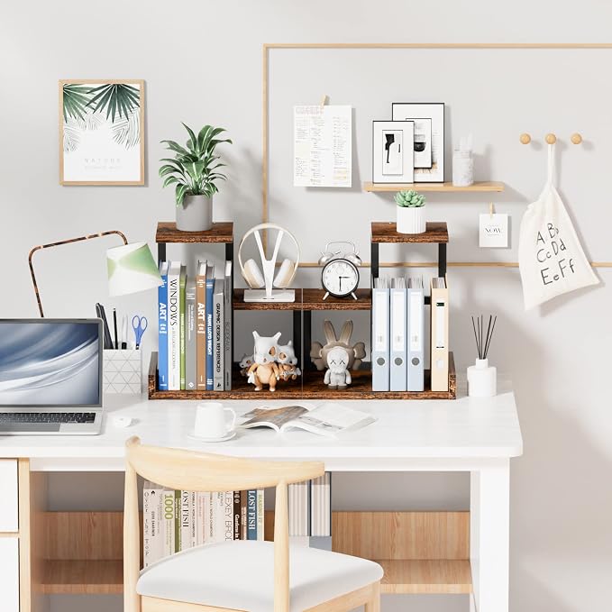 Gannyfer Office Decor Desk Shelf Organizer - Wood Desktop Shelf, Freestanding Desk Hutch, 3 Tier Storage Display Rack, Small Bookshelf with Metal Frame for Books/Plants/Toys (Rustic Brown Black)
