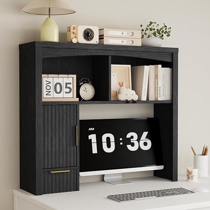 Desk Hutch Shelf, Desktop Shelf Organizer 37 inch Wide Desktop Bookshelf 2-Tier Wood Hutch Bookcase Organizer with Drawer Dorm Table Shelves Desk Shelves Office Bookshelf with Storage-Black