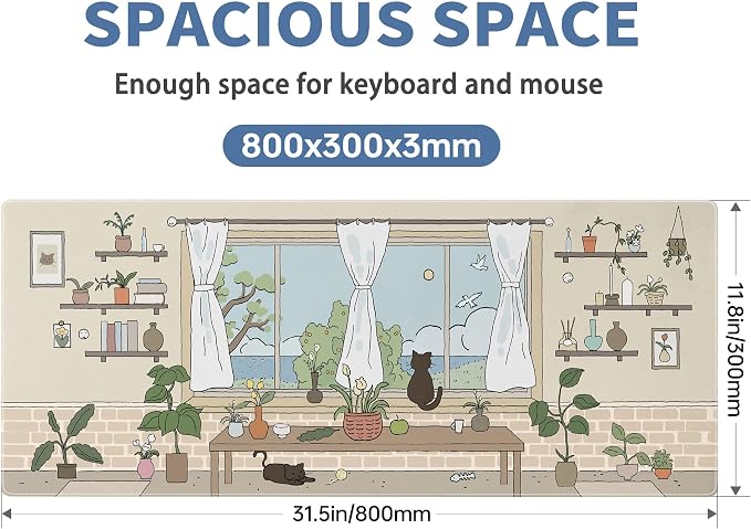 Kawaii Cat Mouse Pad Large Desk Mat Extended Keyboard Mouse Pad Cute Mousepad with Non-Slip Base and Stitched Edge Cat Mouse Mat Desk Pad 31.5 x 11.8 in Mouse Pads for Desk Decor Home Office Gaming