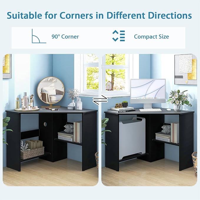 Small Corner Desk, Space-Saving Corner Workstation with Storage Shelves & CPU Stand, 90 Degree Triangle Makeup Vanity Desk, Wood Corner Computer Desk for Small Space (Black)