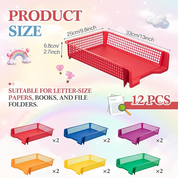 Geetery Set of 12 Plastic Trays for Teachers Turn in Trays Classroom Stackable Paper Tray Plastic Classroom Teachers Desk Letter Organizer Storage Baskets for Office, Desk, Home (Rainbow Color)