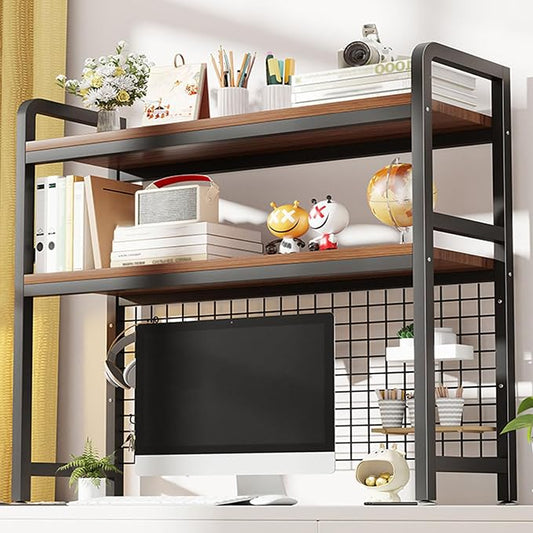 2-Tier Desktop Hutch Bookshelf Metal Desk Shelf Dorm Bookcase for Computer Desk Countertop Storage Organizer Display Rack for Office Home (Black, 45.2in)
