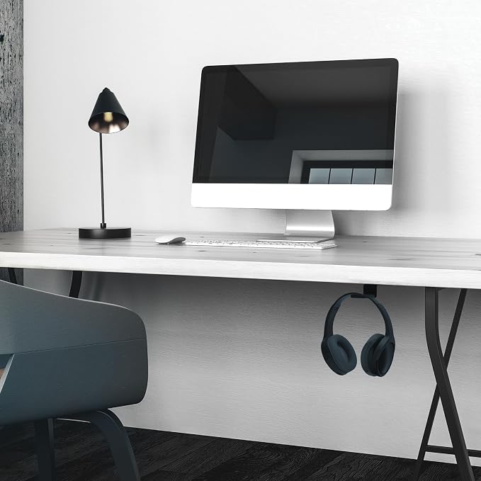 Kanto HH Universal Under Desk Headphone Hook - Black - Solid Steel Construction - Mount Using 3M Adhesive or 2 Included Screws