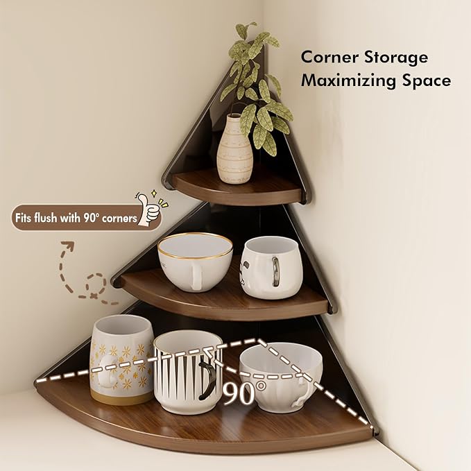 3-Tier Corner Desk Shelf, Solid Wood Desktop Organizer, Vintage Brown Corner Storage Table, Space Saving Freestanding Shelf for Bedroom, Home Office, Kitchen, Bathroom (Black,Pine)