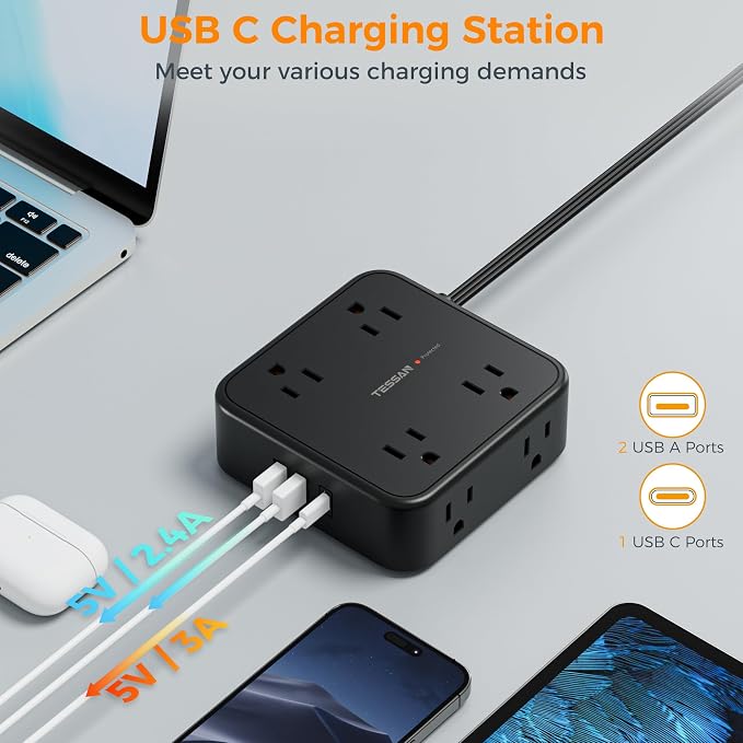 TESSAN Surge Protector Power Strip, 25 Ft Flat Plug Extension Cord with 3 USB (1 USB C) 8 Outlets, 1250W, 900J Protection, 3 Sided Outlet Extender with Power Switch for Office, Dorm Room, Black