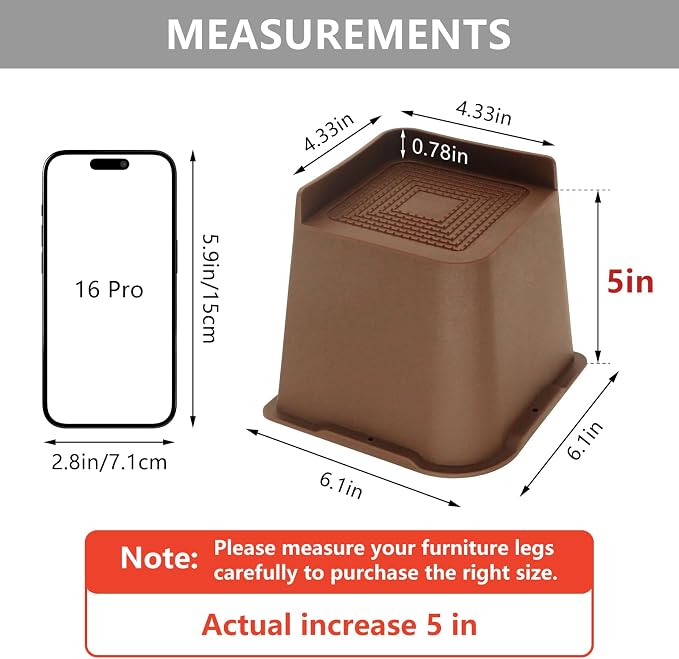 4 Pack Bed Risers 5 inch Heavy Duty Dark Brown, Oversized Furniture Risers, Bed Lifts Risers for Table, Sofa, Chair, Couch, Desk, Bed Frame Risers Supports Up to 6,500 Lbs