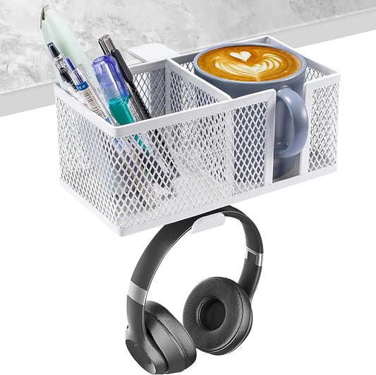 Multi-Function Desk Cup Holder with Headphone Hanger, 3 in 1 Caddy Organizer for Salon Chair, Bedside, Desk or Table - Sturdy Anti-Spill Drink Holder for Water Bottles, Coffee, Bag (White)