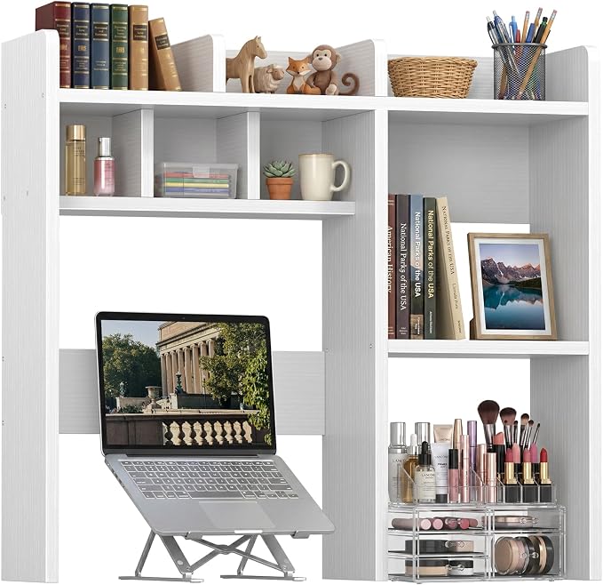 NUTIKAS Desk Hutch White Desktop Bookshelf Shelf - 37 Inch Computer Desk Organizer for Dorm Room, Wood Storage Rack for Home Office Desktop Display Shelves, Small Bookcase for Top of Desk