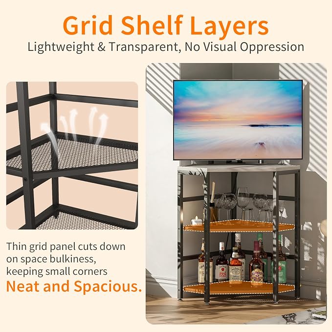 METYERRY 4-Tier Corner Printer Stand, Printer Table with Built-in Power Outlet and LED Lights, Multipurpose Corner Table with Grid Storage Shelf for Home and Office, Greige