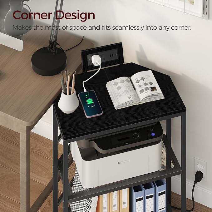 MAHANCRIS Corner Printer Stand with Charging Station, 3-Tier Large Printer Table with Adjustable Feet, Metal Frame Storage Shelf for Office, Living Room, Small Space, Black PTBK14E01