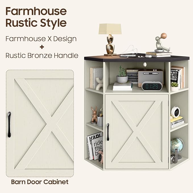 Halitaa Corner Storage Cabinet, Farmhouse Corner Bookshelf with Storage 6-Cubby Wooden Cabinet with USB Ports and Outlets Industrial Organizer for Small Space, Study, Playroom, Rustic White and Black