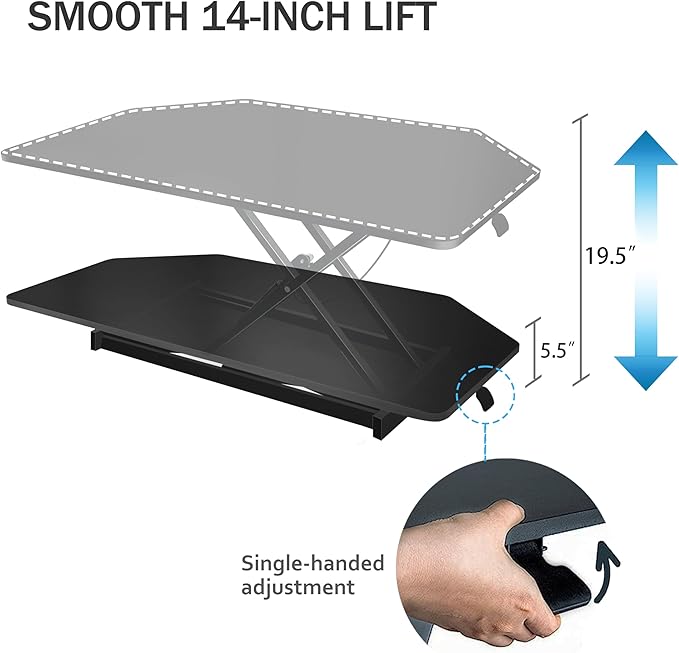 Aconcept 34 inch Black Corner Height Adjustable Standing Desk Converter, One-Click Sit to Stand up Desk Riser, Pre-Assembled Dual Monitor and Laptop Workstation