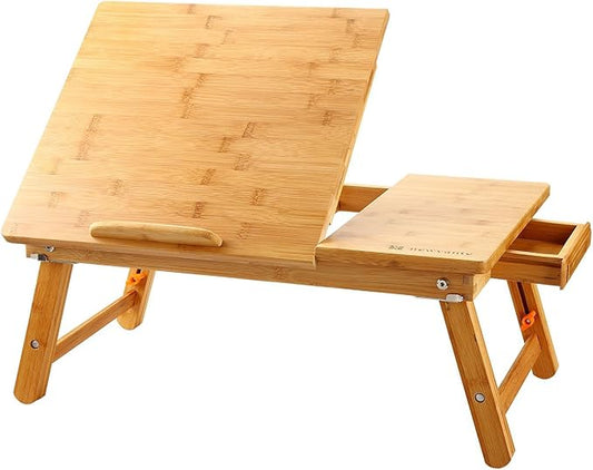 Laptop Desk Nnewvante Table Adjustable Bamboo Foldable Breakfast Serving Bed Tray w' Tilting Top Drawer