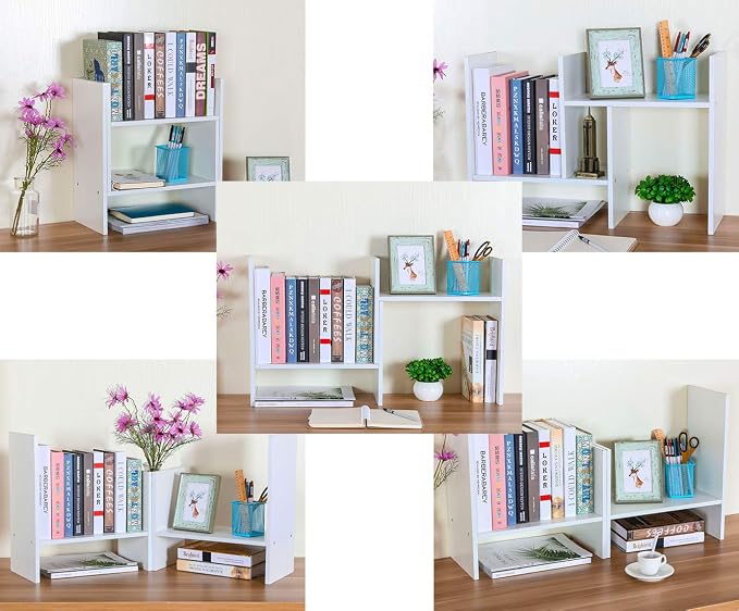 PAG Adjustable Desktop Shelf Wood Small Bookshelf Desk Supplies Organizers and Accessories Storage Display Rack Office Decor, White