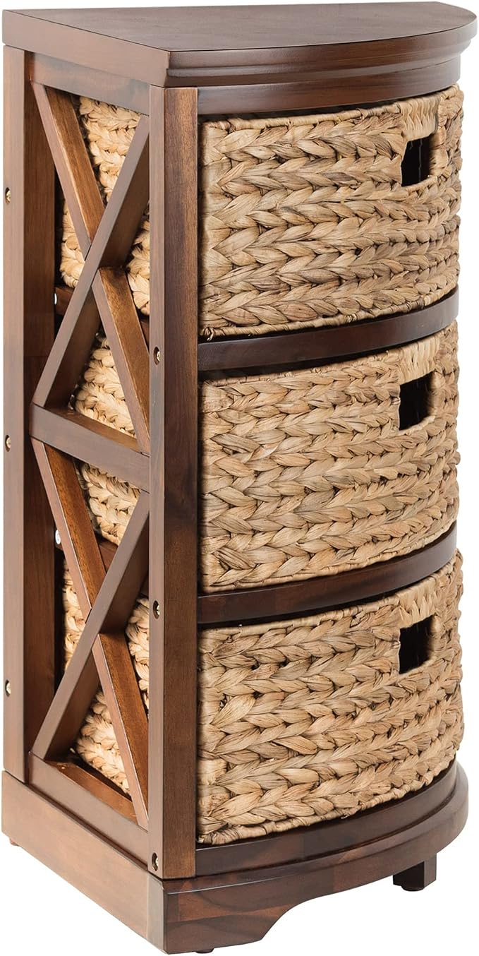 eHemco Hampton Meadows 3 Tier X-Side Corner Table Storage Cabinet with 3 Wicker Baskets, Walnut