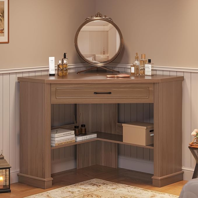 SEDETA Corner Desk for Small Space, Corner Computer Desk, Small Computer Desk with Drawers and Storage Shelves for Home Office, Living Room, Bedroom, Brown