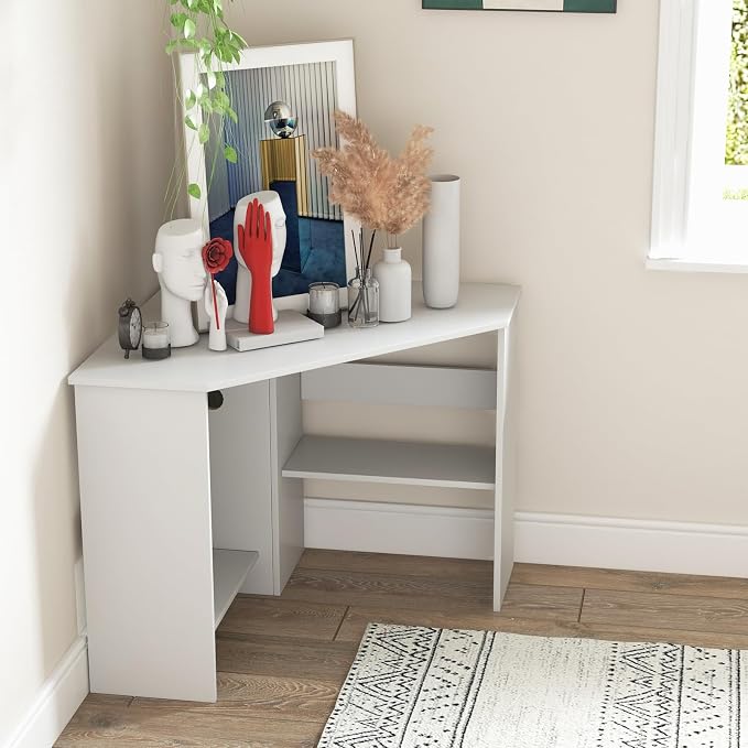 HOMGX Corner Computer Desk, Triangle Desk with Storage Shelves, Small Corner Desk for Small Spaces, Corner Vanity Desk for Home, Bedroom, Living Room, Office (White)