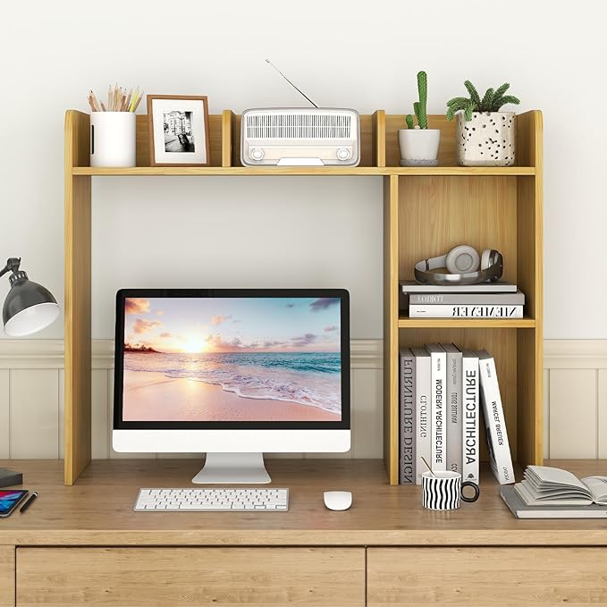 Desktop Bookshelf, 3-Tier Desk Organizer Shelves with 5 Display Rack, Countertop Storage Bookcase for Computer Desk, Desk Hutch Shelf for Top of Desk, Dorm, Home, Office (Oak)