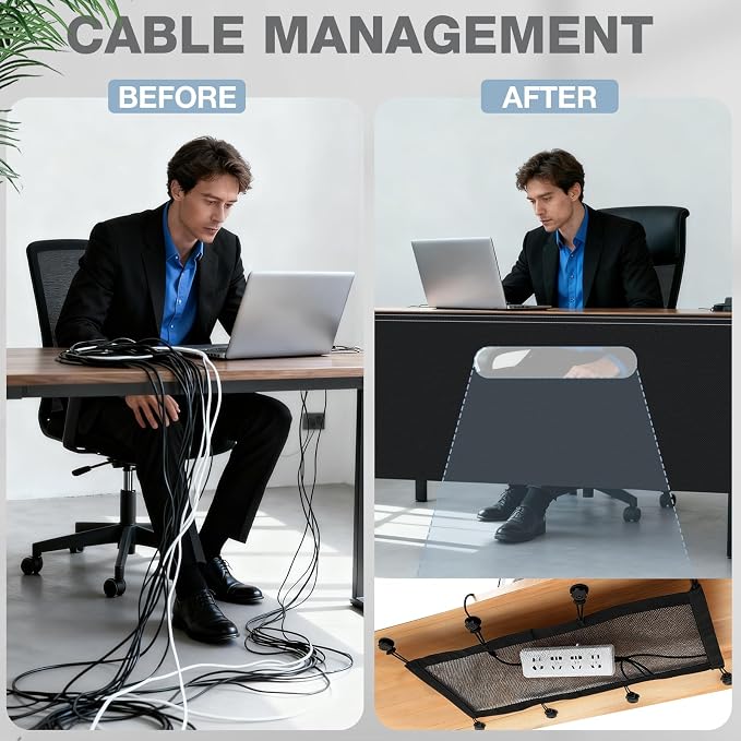 Tegeme 71'' Under Desk Privacy Panel with Cable Management Net Desk Skirt Self Adhesive Modesty Panel with Cord Organizer Pockets for Office Home Standing Workstation(Black)