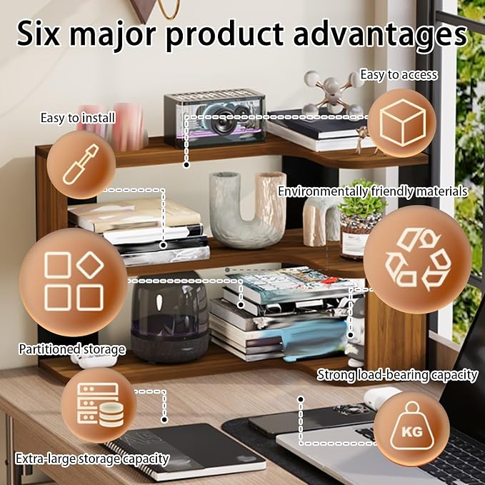 Desktop Organizer Shelf, Multi-Tier Space Saving Bookshelf with Corner Storage Design, Wooden Desk Rack, Countertop for Home Office Dorm(Walnut,19.6 * 11.8 * 11.8in)