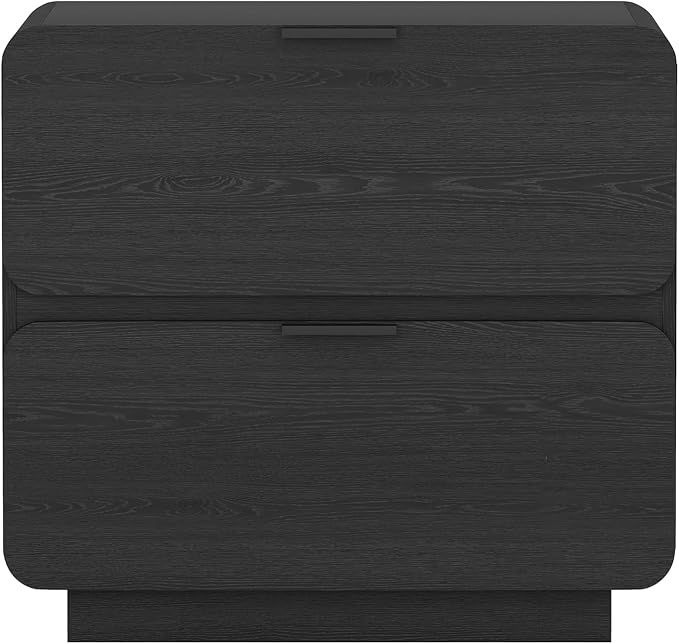 Manhattan Comfort Chrystie Fluted Nightstand 26" Bedside Table with 2 Full Extension Drawers, Rounded Corners, Wood Grain Finish, and Metal Handle Side End Table for Bedroom or Living Room in Black