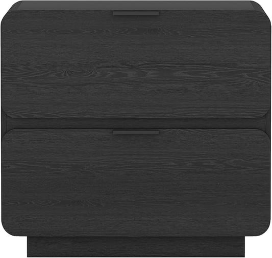 Manhattan Comfort Chrystie Fluted Nightstand 26" Bedside Table with 2 Full Extension Drawers, Rounded Corners, Wood Grain Finish, and Metal Handle Side End Table for Bedroom or Living Room in Black