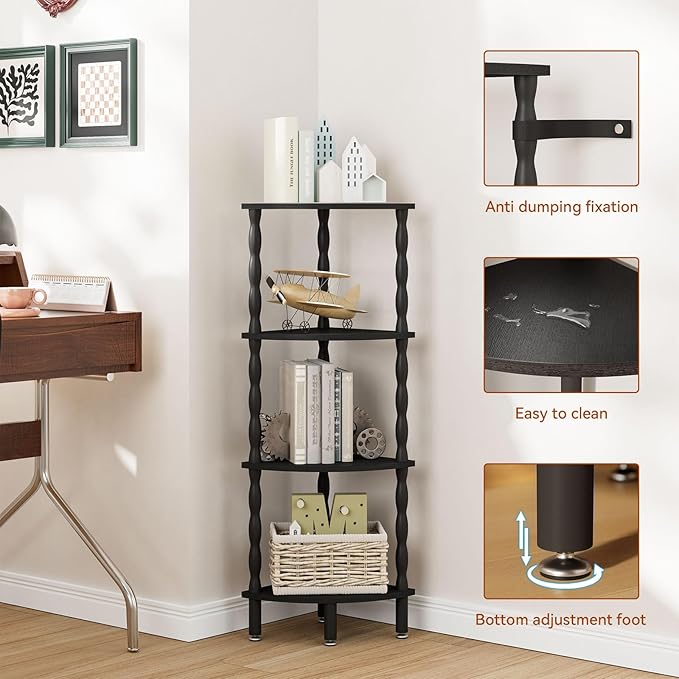 IBUYKE 4-Tier Corner Shelf,Stylish Corner Bookshelf for Small Spaces,Industrial Corner Storage Display Shelves,Small Corner Table for Bedroom,Bathroom,Kitchen, Black WBC019B