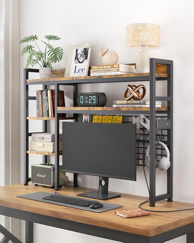 SANYOUNG 45.3" Desktop Hutch Bookshelf with Power Outlet, Heavy-Duty Desk Shelf Bookcase with Grid Panel, 3 Tier Adjustable Countertop Organizer Rack, for Home Office, Dorm, Rustic