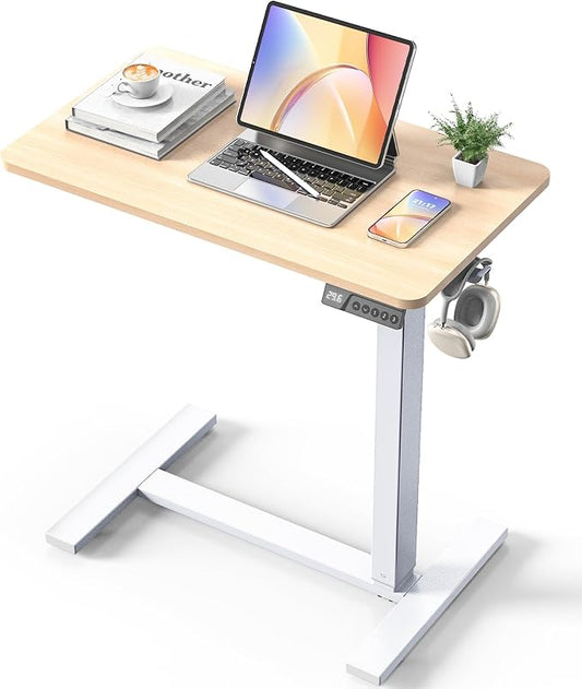 Overbed Bedside Table with Wheels, Electric Standing Desk Adjustable Height, Small Computer Desk for Home Office, Rolling Laptop Desk for Bed, Sofa, or Hospital Use (28"x16",Oak)