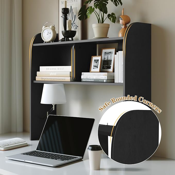 Wooden 3-Tier Desktop Bookshelf, 37" Rounded-Edge Desk Storage Organizer, Space-Saving Countertop Shelving Unit for Home, Office & Dorm, Black