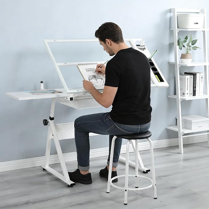 Adjustable Tempered Glass Drafting Table, 0-75° Tilting Art Desk with Multi-Storage Drawers & Trays, Height Adjustable 27.1"-35.8" Drawing Table with Chair, White