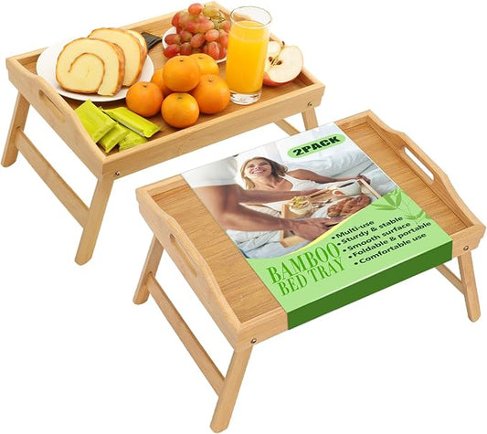 TOPULORS 2 Pack Breakfast in Bed Tray with Folding Legs, 15.7x11.8in Foldable Bamboo Lap Bed Table Tray with Handles, for Eating, Working, Tablet & Laptop Stand, Serving Tray for Adult and Kids