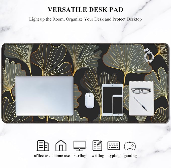 Auhoahsil Extended Mouse Pad, XXL Gaming Mouse Pads, Large Big Mousepad Laptop Computer Keyboard Mat Desk Pad with Non-Slip Base Stitched Edge for Gaming Office, 35.5 x 15.7 inch, Gold Line Leaves