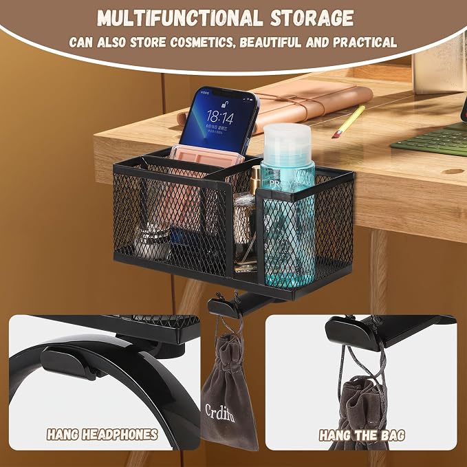 Multi-Function Desk Cup Holder with Headphone Hanger, 3 in 1 Caddy Organizer for Salon Chair, Bedside, Desk or Table - Sturdy Anti-Spill Drink Holder for Water Bottles, Coffee, Bag (Black)